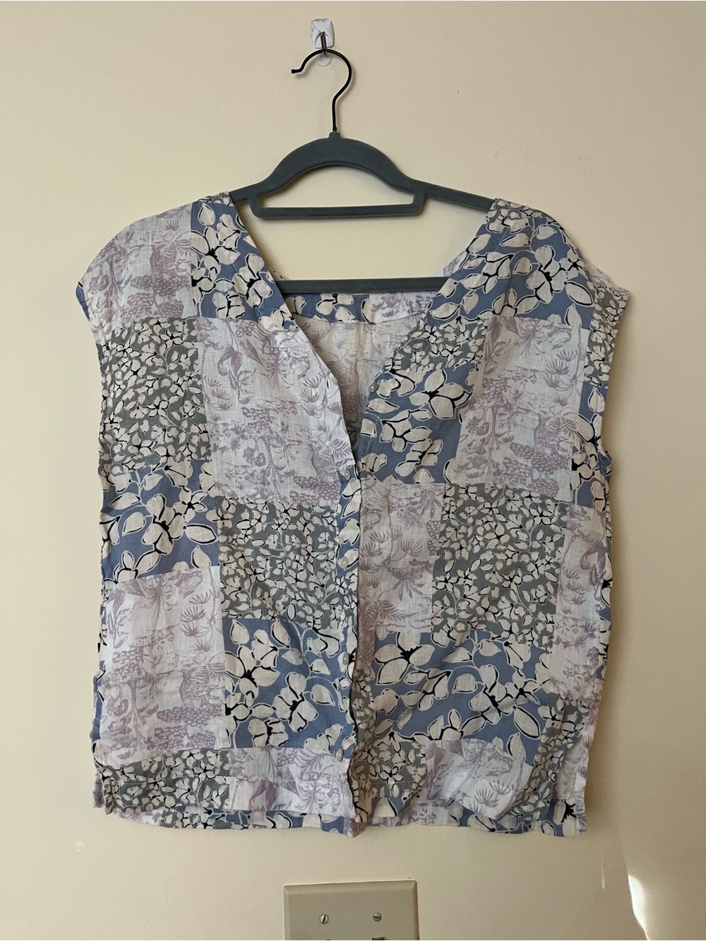 Women's Patchwork Floral Button Front Top in Blue and Gray
